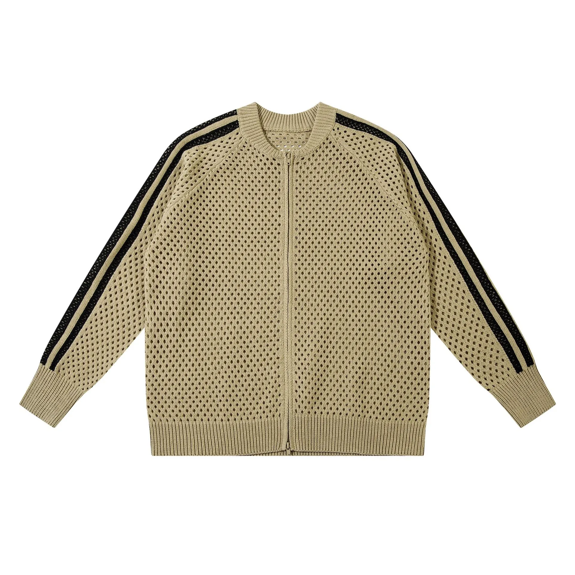 Jiayiku Fashion Brand  New American Style Retro Striped Hollow Knitwear Jacket Zipper Cardigan Sweater For Men And Women display picture 3