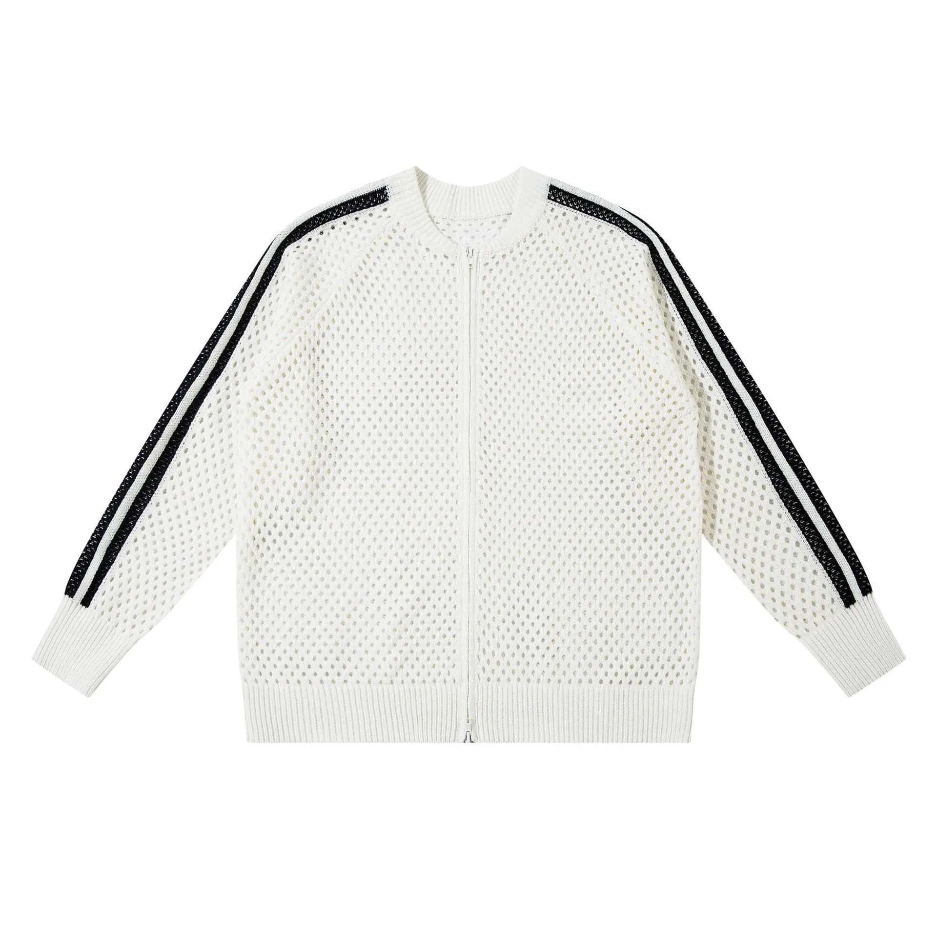 Jiayiku Fashion Brand  New American Style Retro Striped Hollow Knitwear Jacket Zipper Cardigan Sweater For Men And Women display picture 5