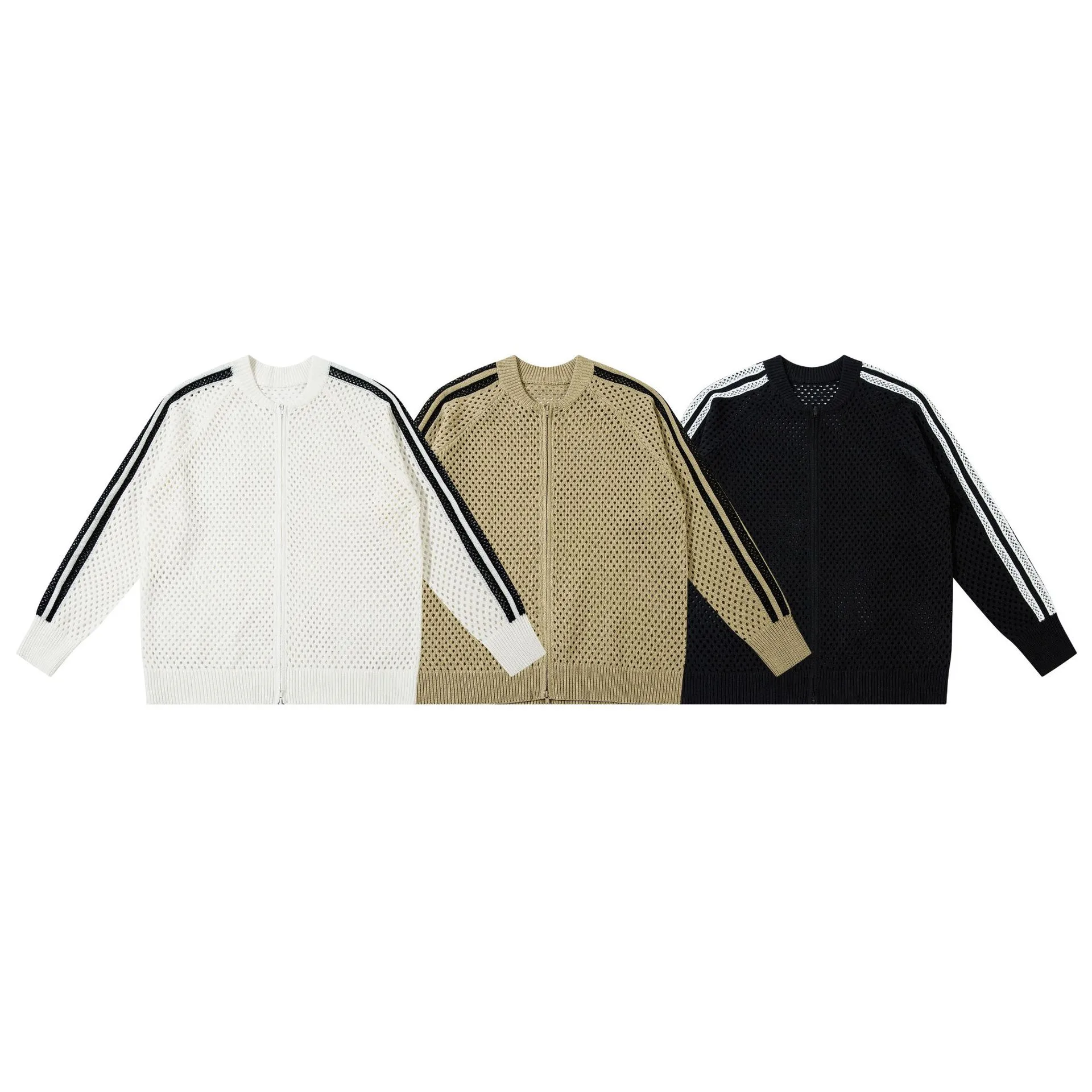 Jiayiku Fashion Brand  New American Style Retro Striped Hollow Knitwear Jacket Zipper Cardigan Sweater For Men And Women display picture 2
