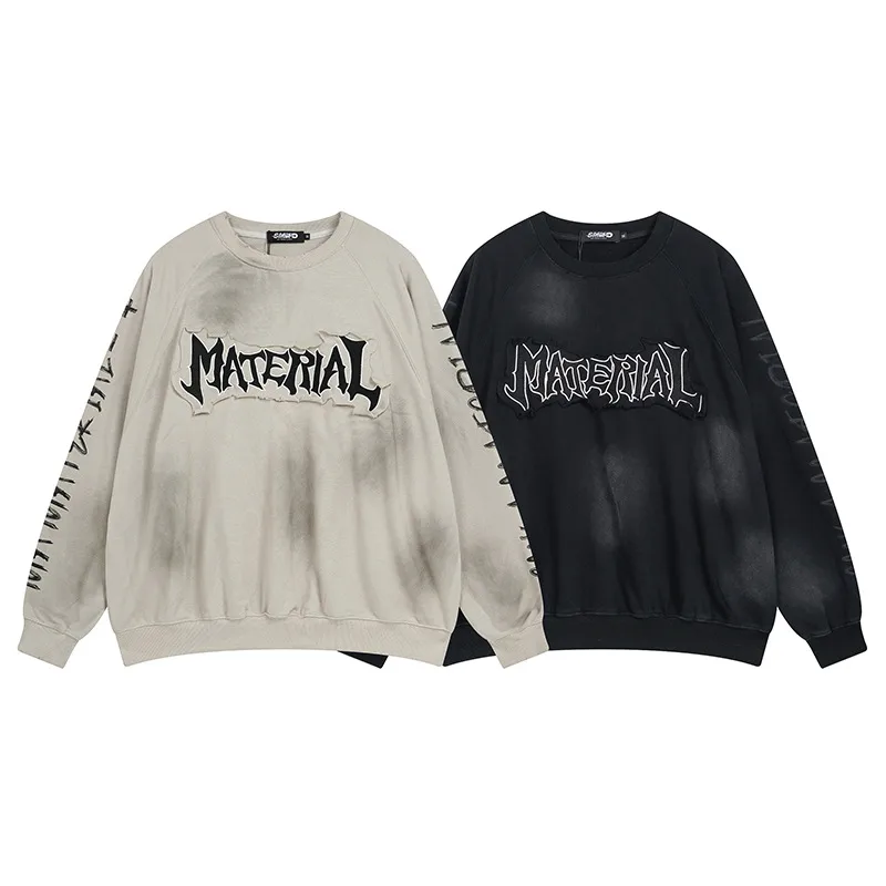 Jiayiku Men's  New Waste Earth Style American Street Fashion Brand Washed Dirty Dye Cloth Embroidered Crewneck Sweater display picture 2
