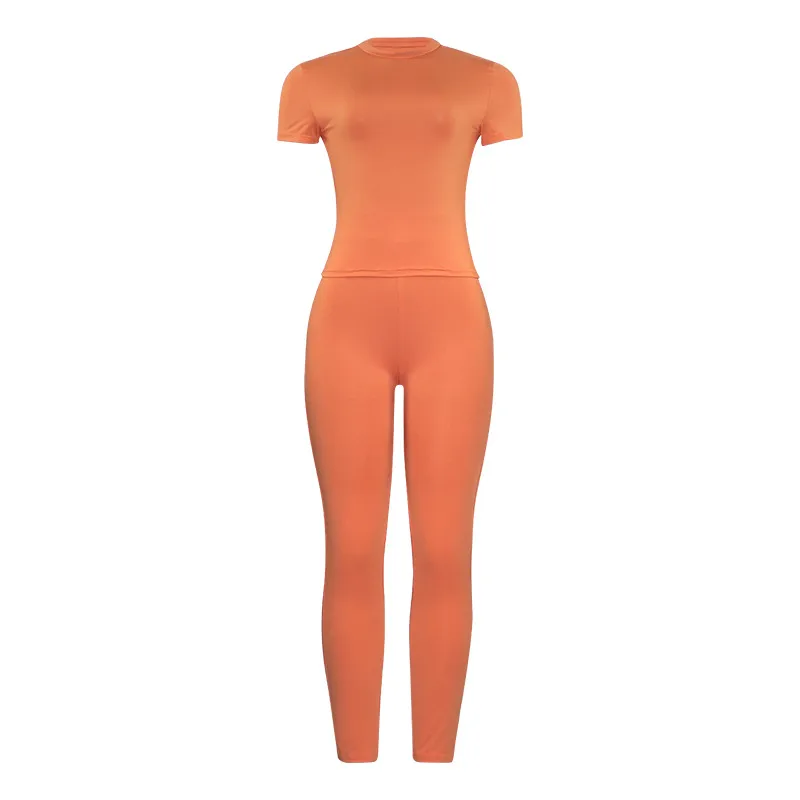 A600ST   Summer New Solid Color Round Neck Short-sleeved T-shirt Top Slim-fit High Waist Trousers Women's Suit display picture 9