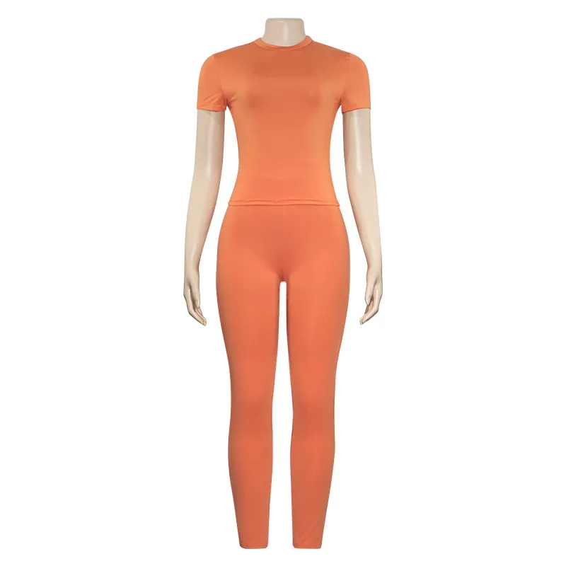 A600ST   Summer New Solid Color Round Neck Short-sleeved T-shirt Top Slim-fit High Waist Trousers Women's Suit display picture 10