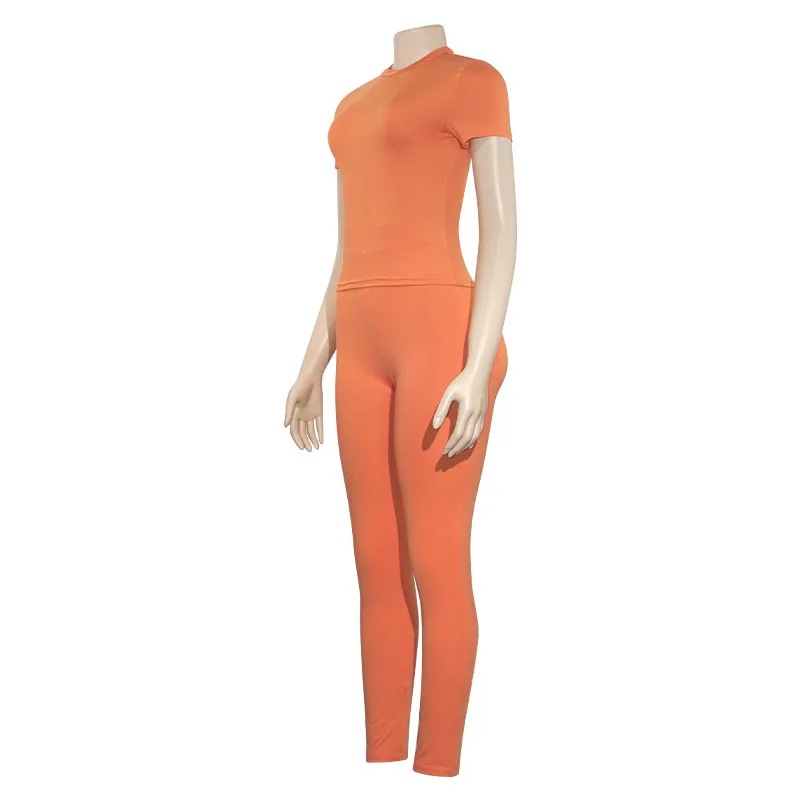 A600ST   Summer New Solid Color Round Neck Short-sleeved T-shirt Top Slim-fit High Waist Trousers Women's Suit display picture 11