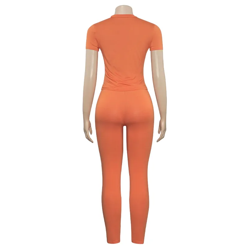 A600ST   Summer New Solid Color Round Neck Short-sleeved T-shirt Top Slim-fit High Waist Trousers Women's Suit display picture 12