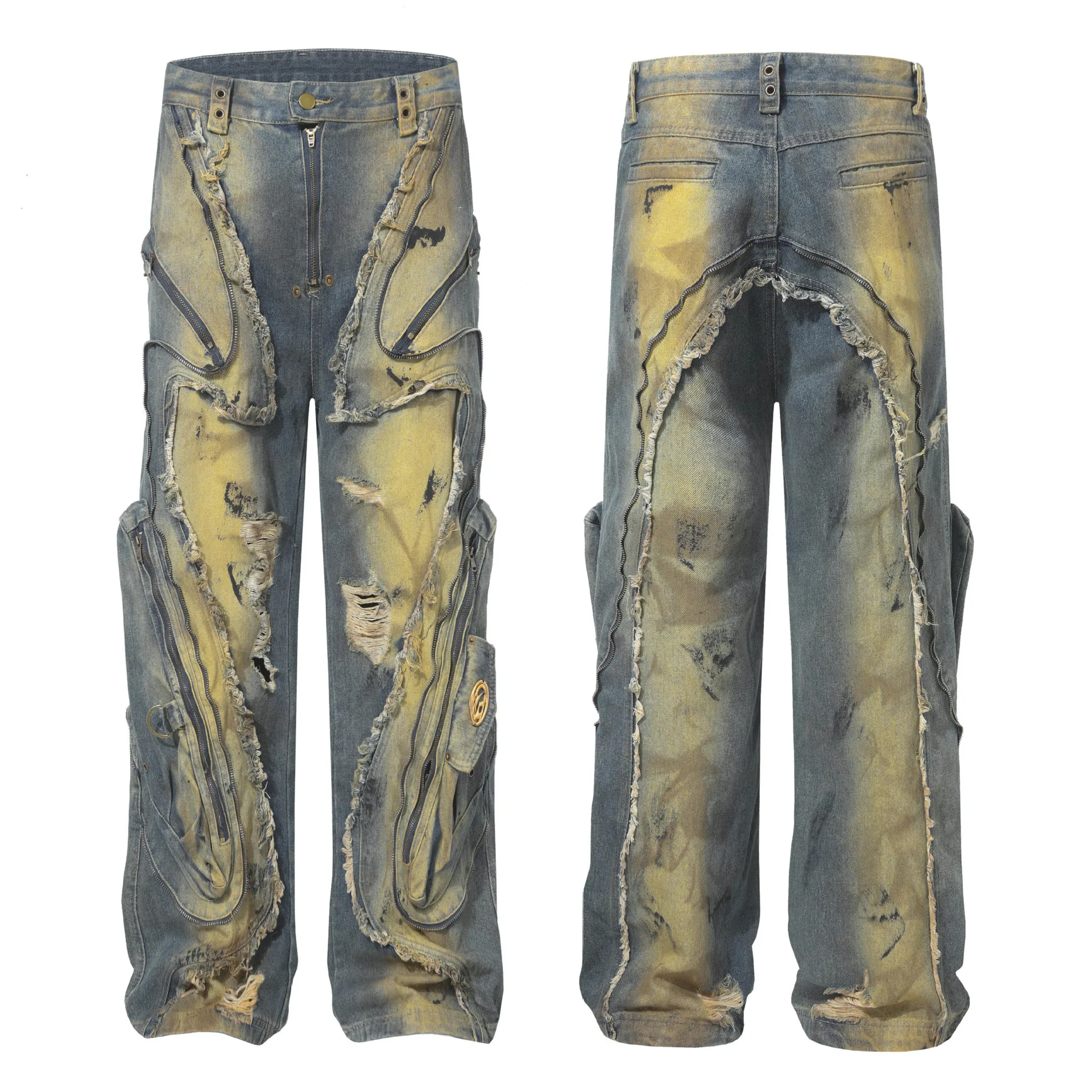 Jiayi Library Men's  New High Street American Style Heavy Industry Shaped Jeans Men's Waste Soil Wind Washed Workwear Trousers display picture 2