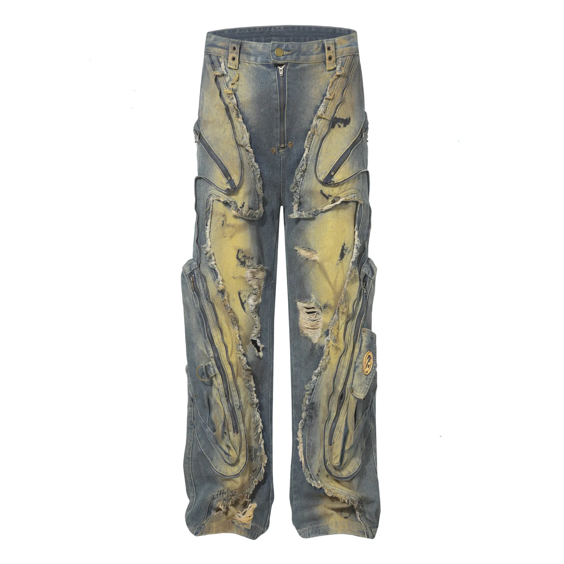 Jiayi Library Men's  New High Street American Style Heavy Industry Shaped Jeans Men's Waste Soil Wind Washed Workwear Trousers display picture 3