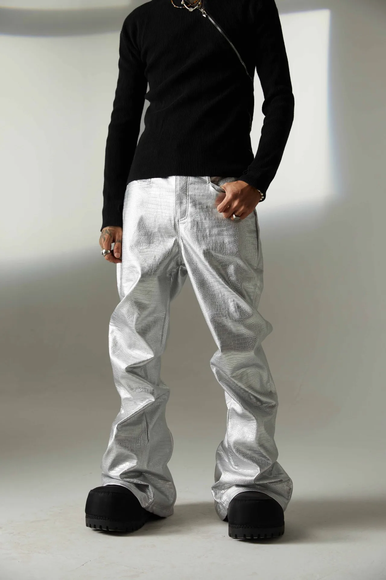 Jiayiku Fashion Brand  Autumn New High Street American Motorcycle Leather Pants Micro-la Niche Crocodile Pattern Wide-leg Pants display picture 14