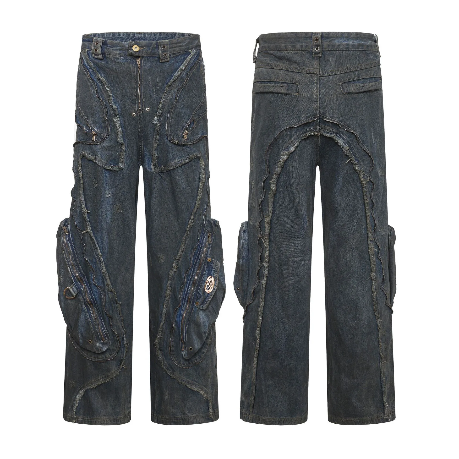 Jiayi Library Men's  New High Street American Style Heavy Industry Shaped Jeans Men's Waste Soil Wind Washed Workwear Trousers display picture 8