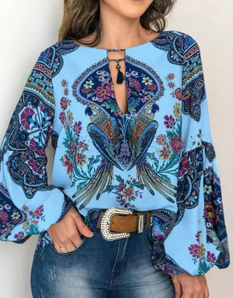 Spring And Summer New Women's Personalized Women's Digital Printing Round Neck Lantern Sleeve Shirt 5006 A Large Number Of Spot display picture 3