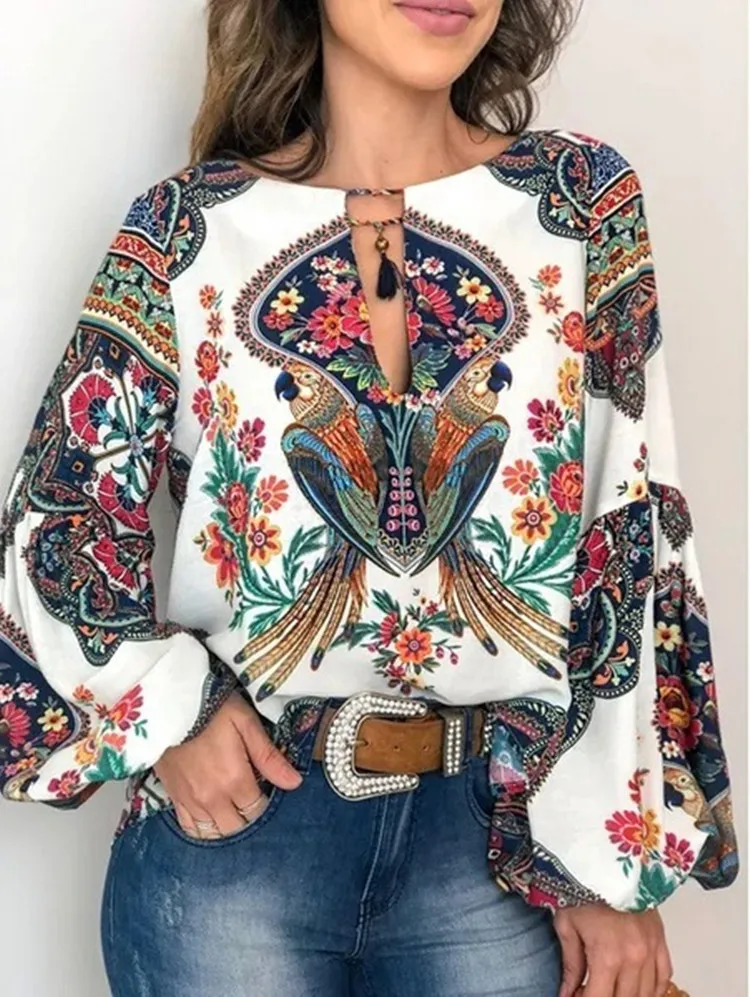 Spring And Summer New Women's Personalized Women's Digital Printing Round Neck Lantern Sleeve Shirt 5006 A Large Number Of Spot display picture 4