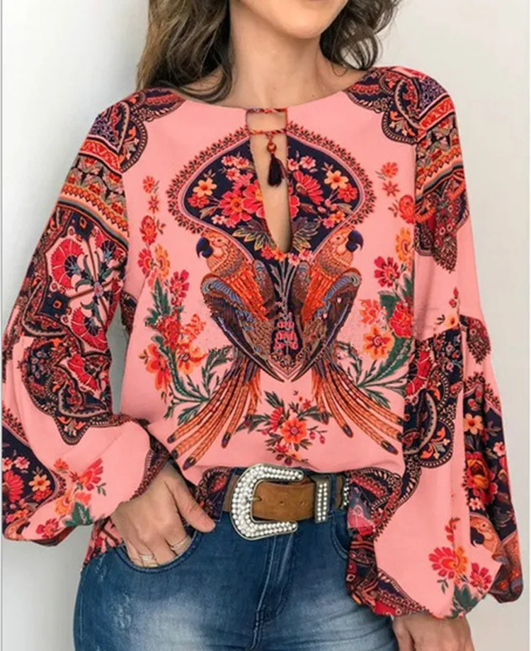Spring And Summer New Women's Personalized Women's Digital Printing Round Neck Lantern Sleeve Shirt 5006 A Large Number Of Spot display picture 5