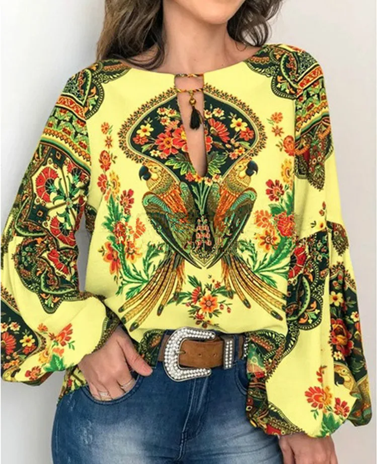 Spring And Summer New Women's Personalized Women's Digital Printing Round Neck Lantern Sleeve Shirt 5006 A Large Number Of Spot display picture 6