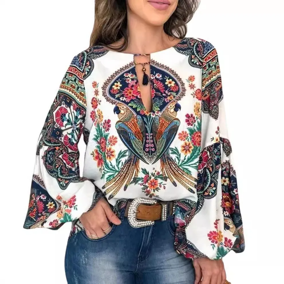 Spring And Summer New Women's Personalized Women's Digital Printing Round Neck Lantern Sleeve Shirt 5006 A Large Number Of Spot display picture 7