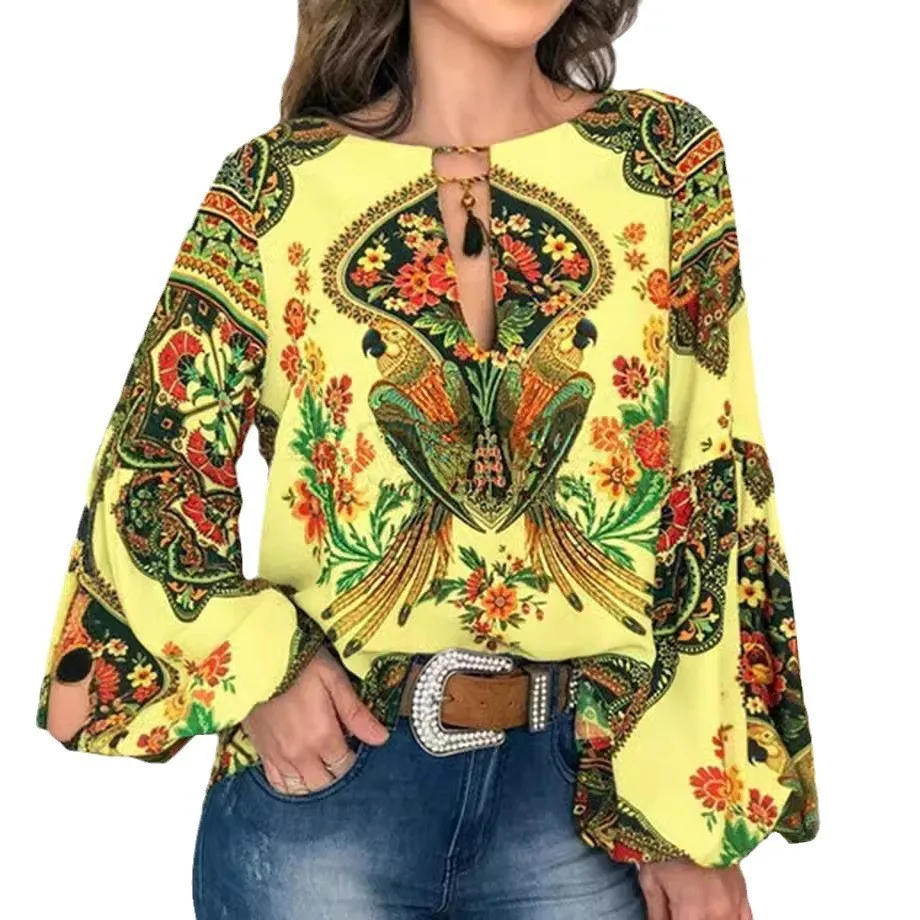 Spring And Summer New Women's Personalized Women's Digital Printing Round Neck Lantern Sleeve Shirt 5006 A Large Number Of Spot display picture 8