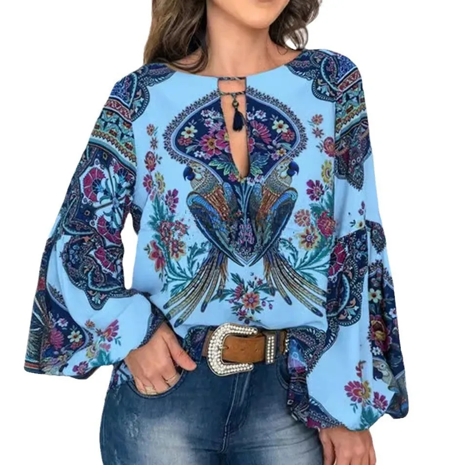 Spring And Summer New Women's Personalized Women's Digital Printing Round Neck Lantern Sleeve Shirt 5006 A Large Number Of Spot display picture 9