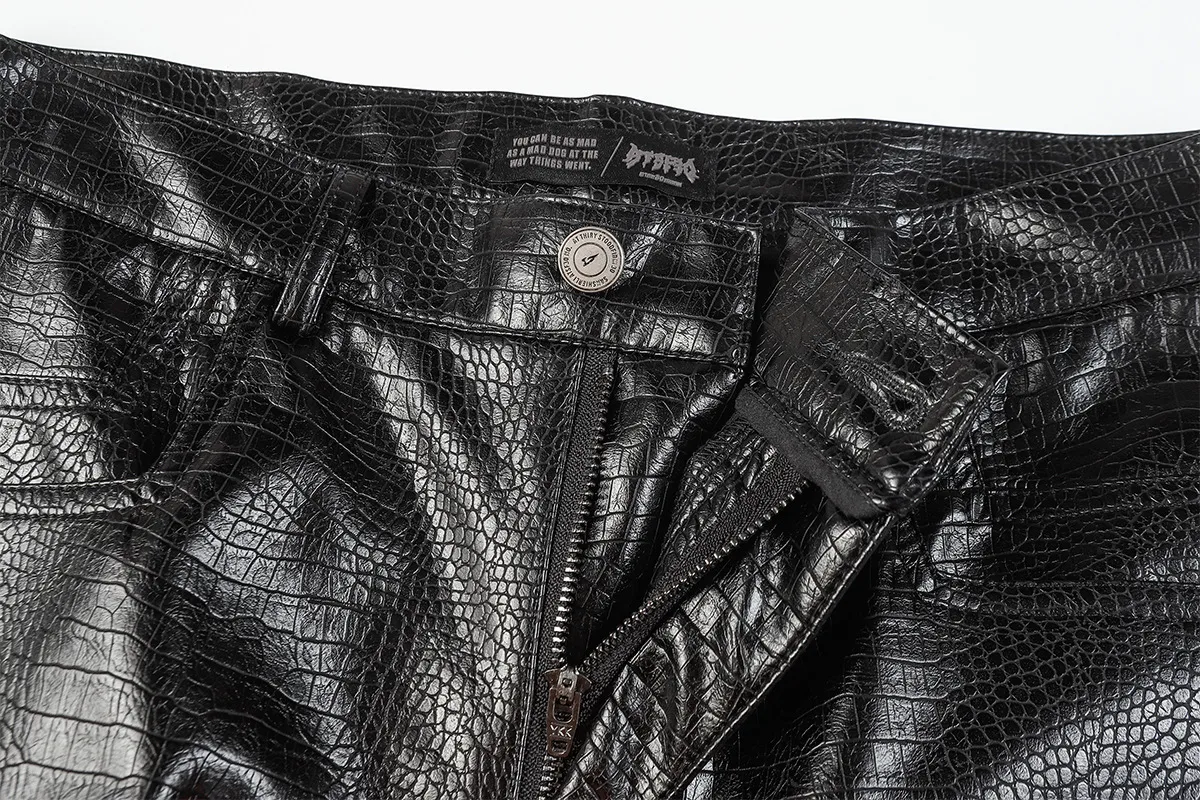 Jiayiku Fashion Brand  Autumn New High Street American Motorcycle Leather Pants Micro-la Niche Crocodile Pattern Wide-leg Pants display picture 39