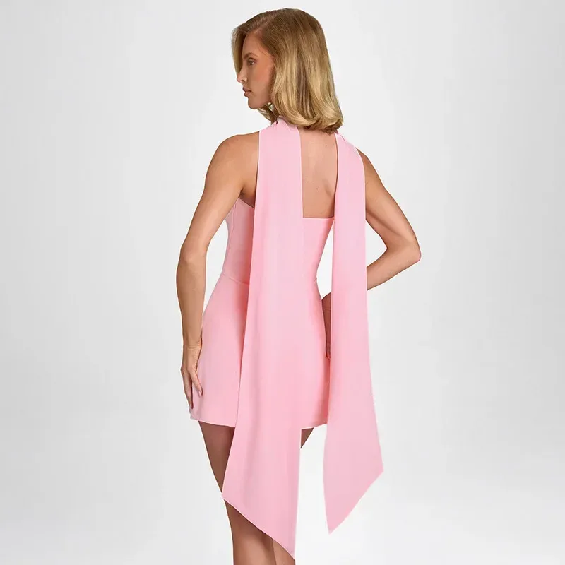 W205DS Europe And The United States   Summer New Solid Color Tube Top Neck Ribbon High Waist Slim Short Dress display picture 10
