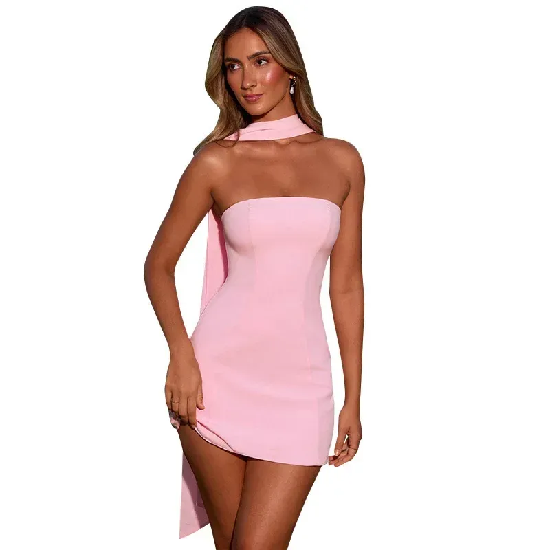 W205DS Europe And The United States   Summer New Solid Color Tube Top Neck Ribbon High Waist Slim Short Dress display picture 11