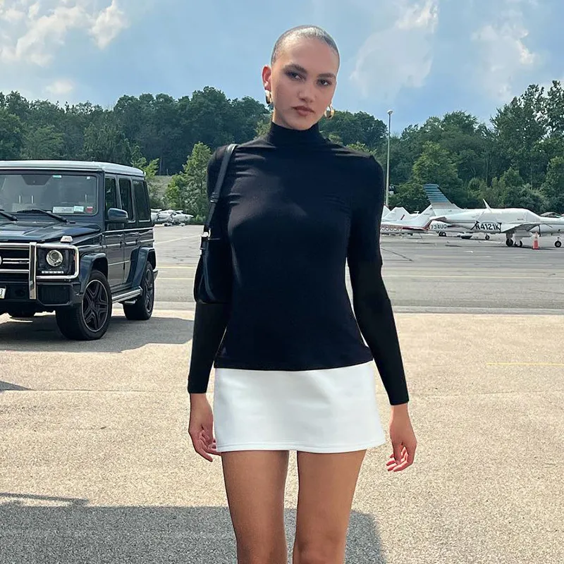 A659DS Europe And The United States   Autumn New Solid Color High Collar Sexy Slim Color Matching Short Women's Dress display picture 2