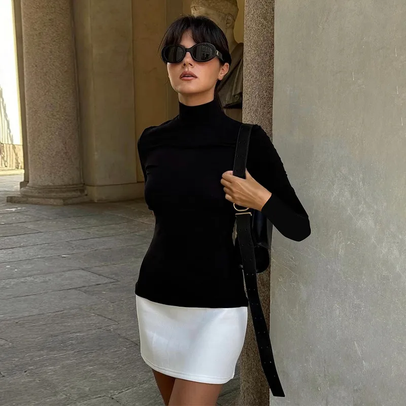 A659DS Europe And The United States   Autumn New Solid Color High Collar Sexy Slim Color Matching Short Women's Dress display picture 8