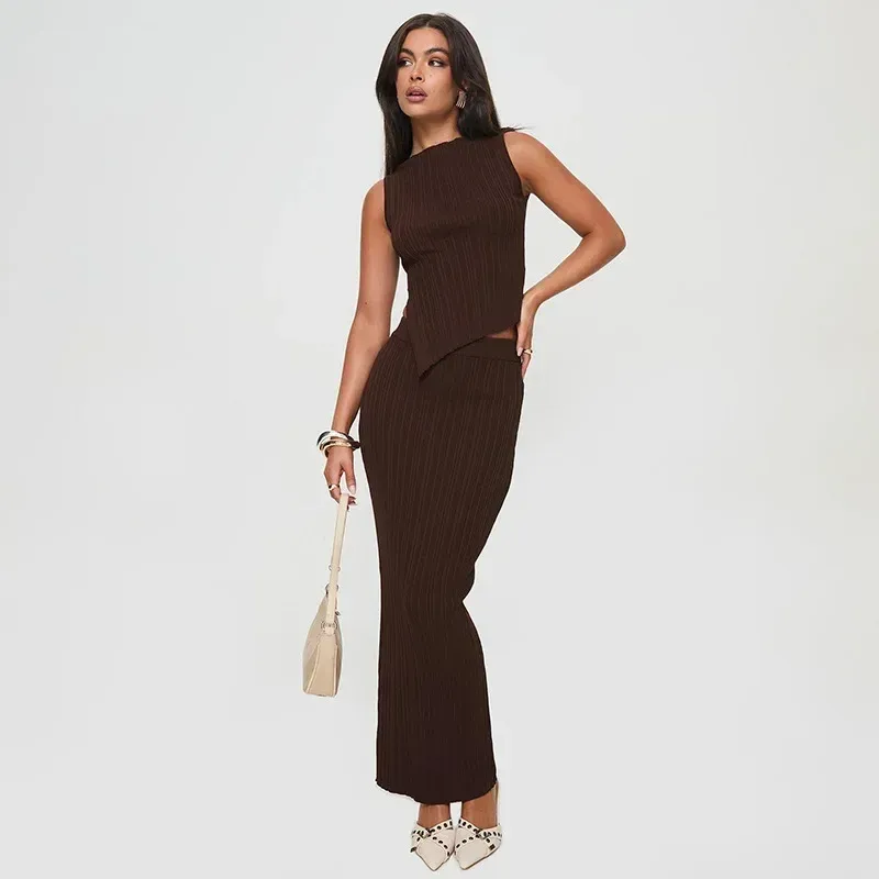 W225ST   Summer New Solid Color Round Neck Unrepaired Irregular Top High Waist Long Dress Slim Fit Suit display picture 3