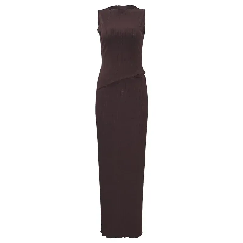 W225ST   Summer New Solid Color Round Neck Unrepaired Irregular Top High Waist Long Dress Slim Fit Suit display picture 9