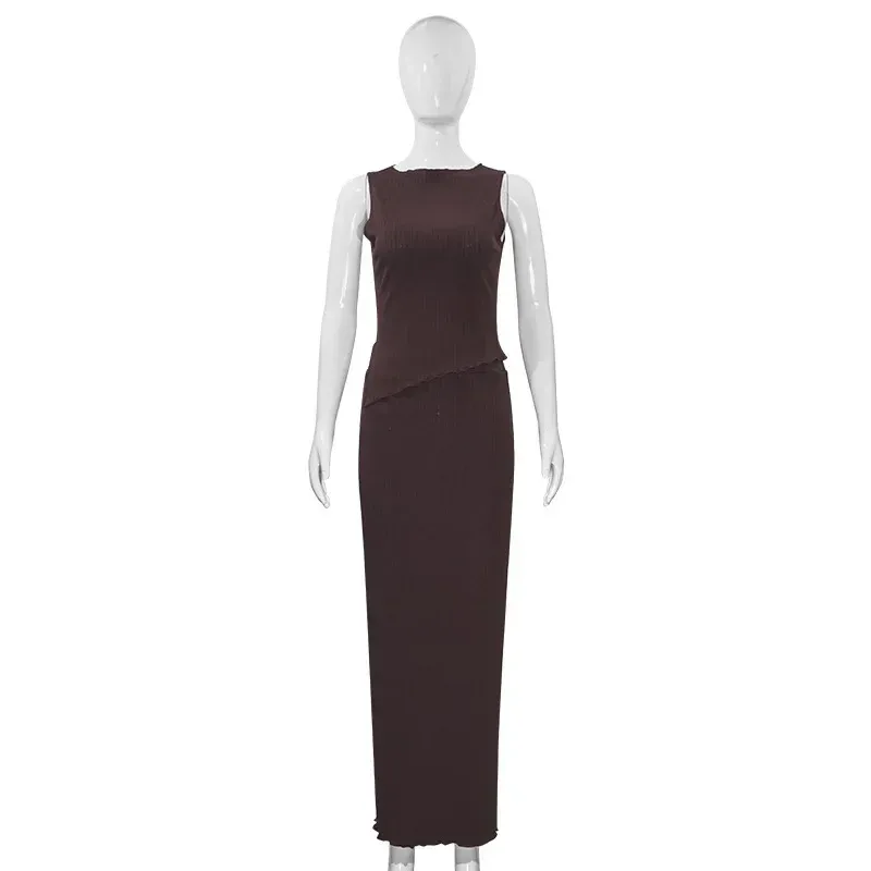 W225ST   Summer New Solid Color Round Neck Unrepaired Irregular Top High Waist Long Dress Slim Fit Suit display picture 10
