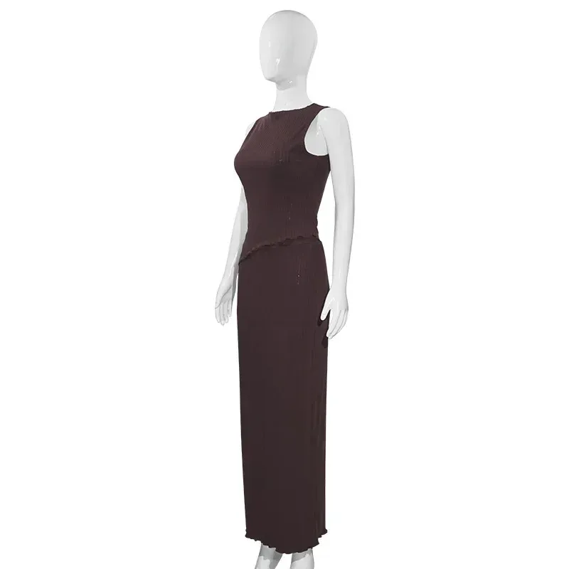 W225ST   Summer New Solid Color Round Neck Unrepaired Irregular Top High Waist Long Dress Slim Fit Suit display picture 11