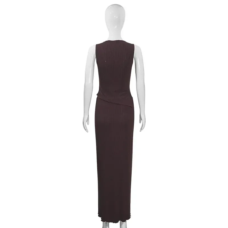 W225ST   Summer New Solid Color Round Neck Unrepaired Irregular Top High Waist Long Dress Slim Fit Suit display picture 12
