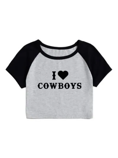 I LOVE Cowboys Printed American Vintage Y2K Short-sleeved T-shirt Women's Summer Spice Girls Slim Top display picture 41