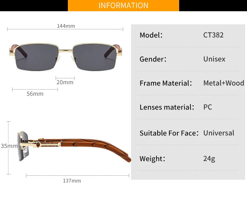 CT382 Metal Small Box Color Wood Grain Sunglasses  Men And Women  Fashion Retro Sunglasses Flat Glasses display picture 4