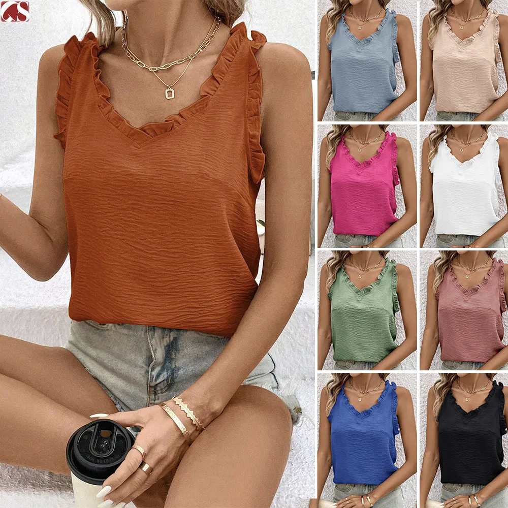 Foreign Trade    Women's Top V-neck Ruffled Solid Color Women's Sweet Sleeveless Vest display picture 2