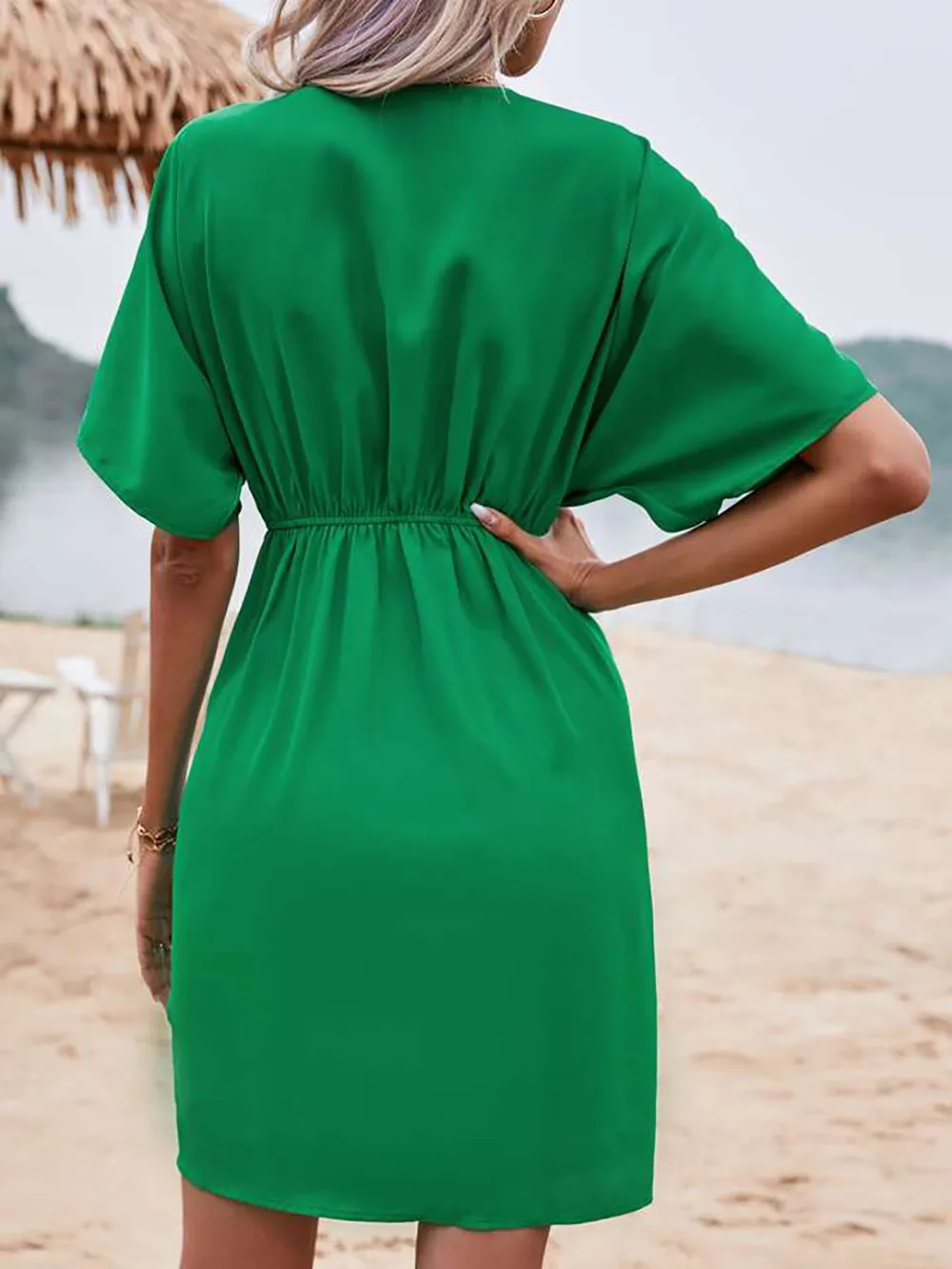 Independent Station Wish Foreign Trade Dress V-neck Elegant Irregular Sleeve Solid Color Flower Bag Dress display picture 6