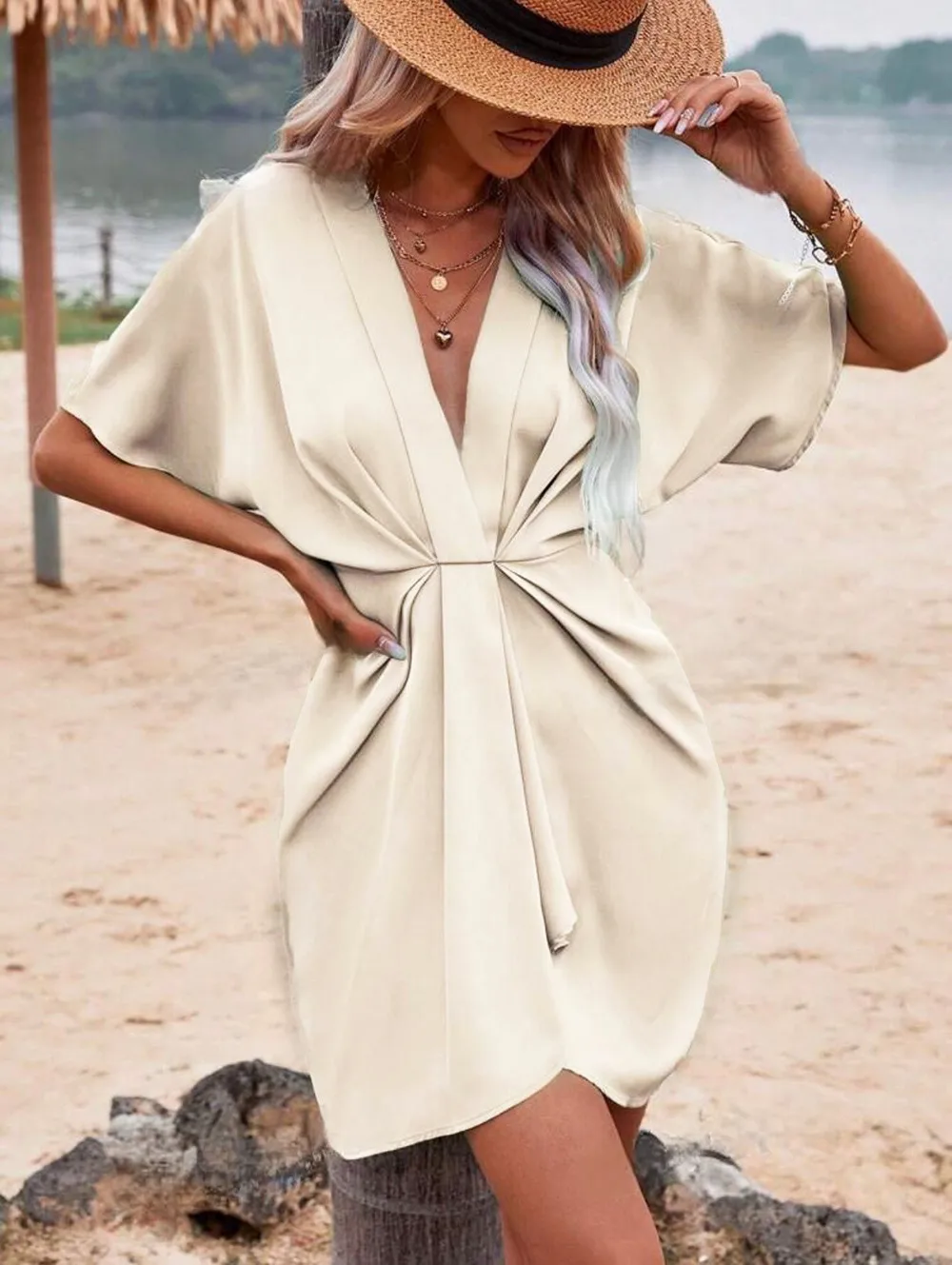 Independent Station Wish Foreign Trade Dress V-neck Elegant Irregular Sleeve Solid Color Flower Bag Dress display picture 8