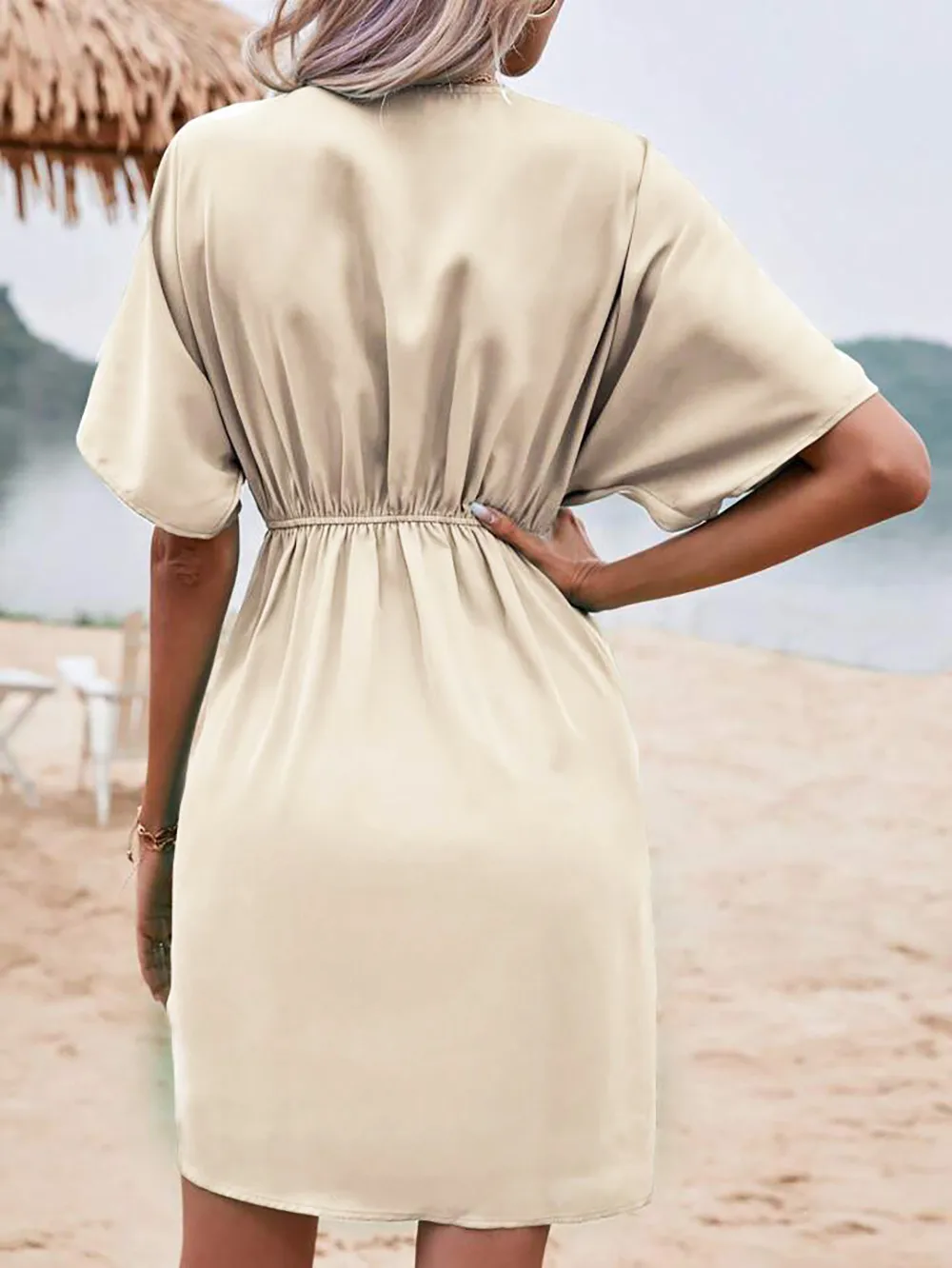 Independent Station Wish Foreign Trade Dress V-neck Elegant Irregular Sleeve Solid Color Flower Bag Dress display picture 10