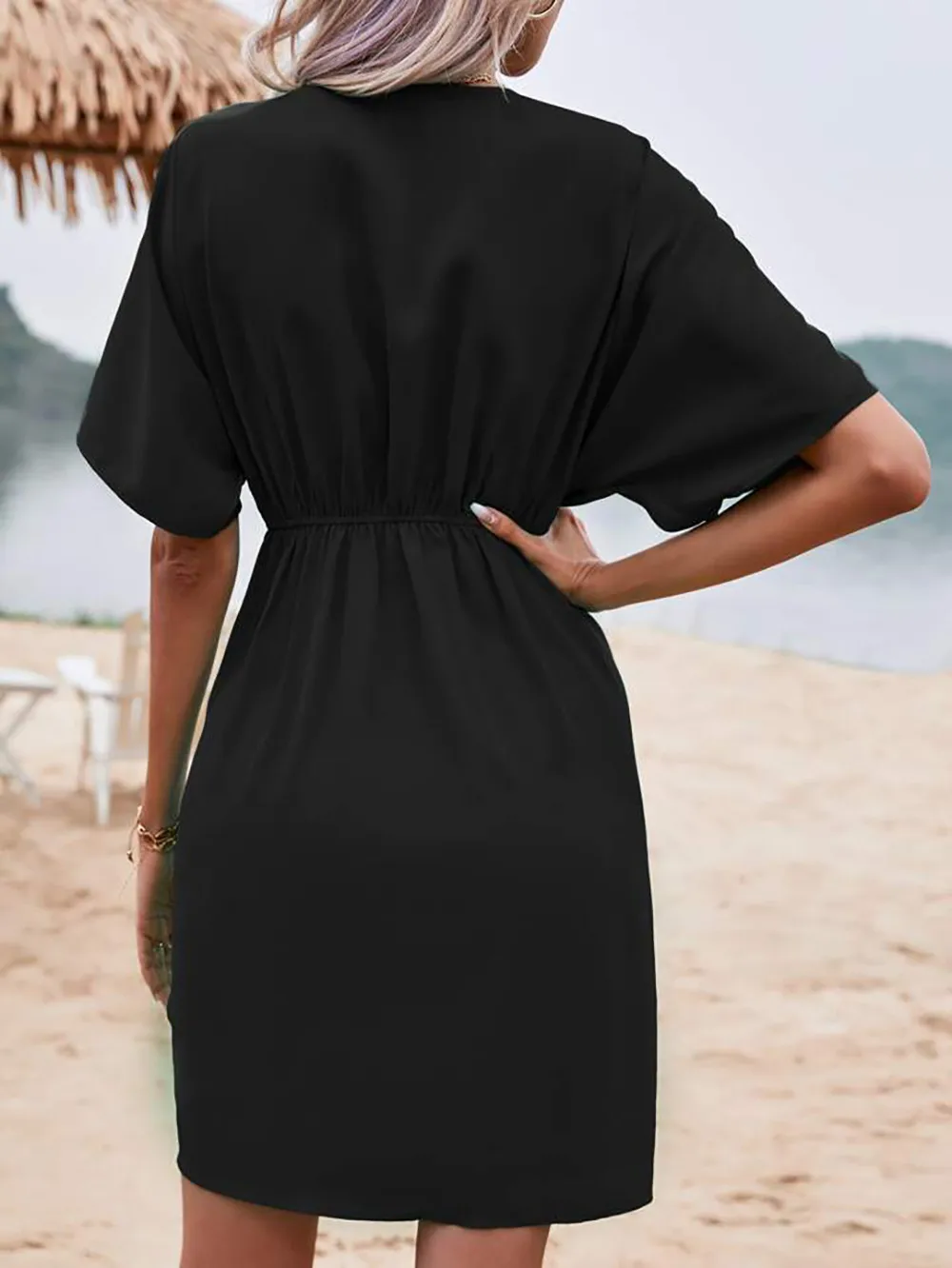 Independent Station Wish Foreign Trade Dress V-neck Elegant Irregular Sleeve Solid Color Flower Bag Dress display picture 14