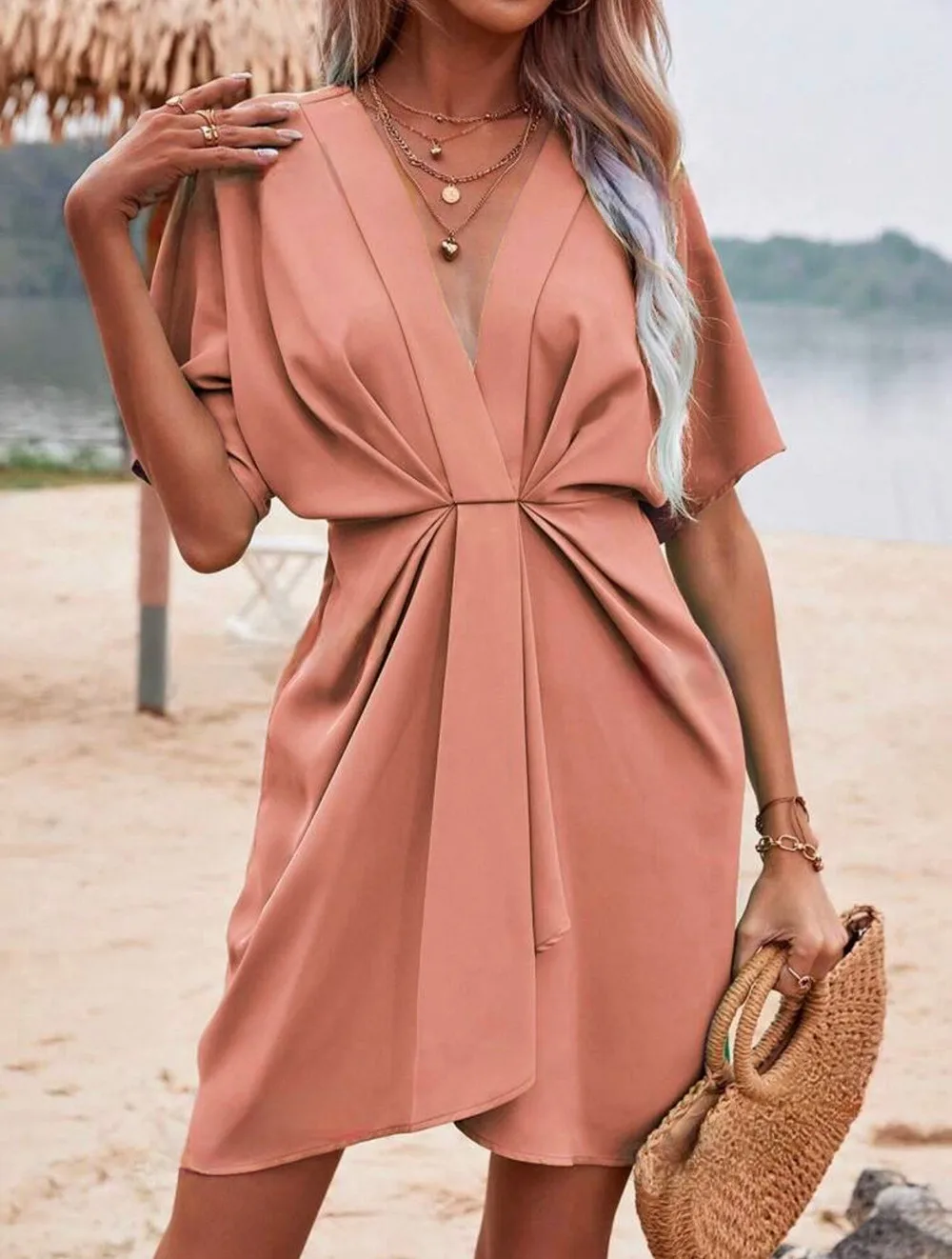 Independent Station Wish Foreign Trade Dress V-neck Elegant Irregular Sleeve Solid Color Flower Bag Dress display picture 16