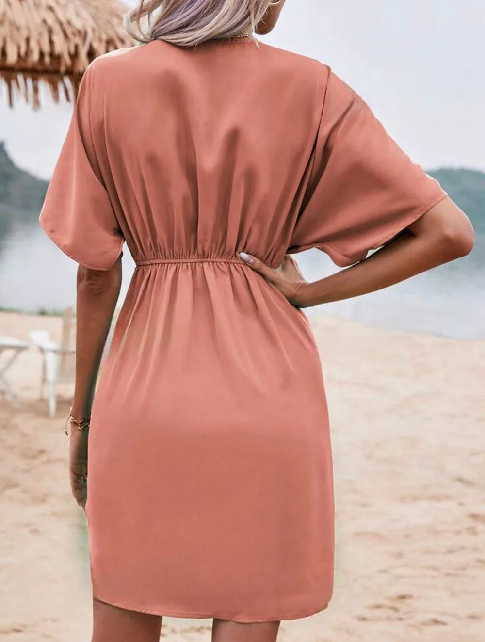 Independent Station Wish Foreign Trade Dress V-neck Elegant Irregular Sleeve Solid Color Flower Bag Dress display picture 18