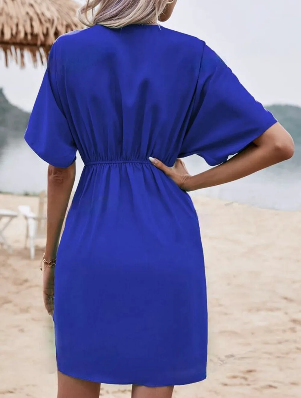 Independent Station Wish Foreign Trade Dress V-neck Elegant Irregular Sleeve Solid Color Flower Bag Dress display picture 22