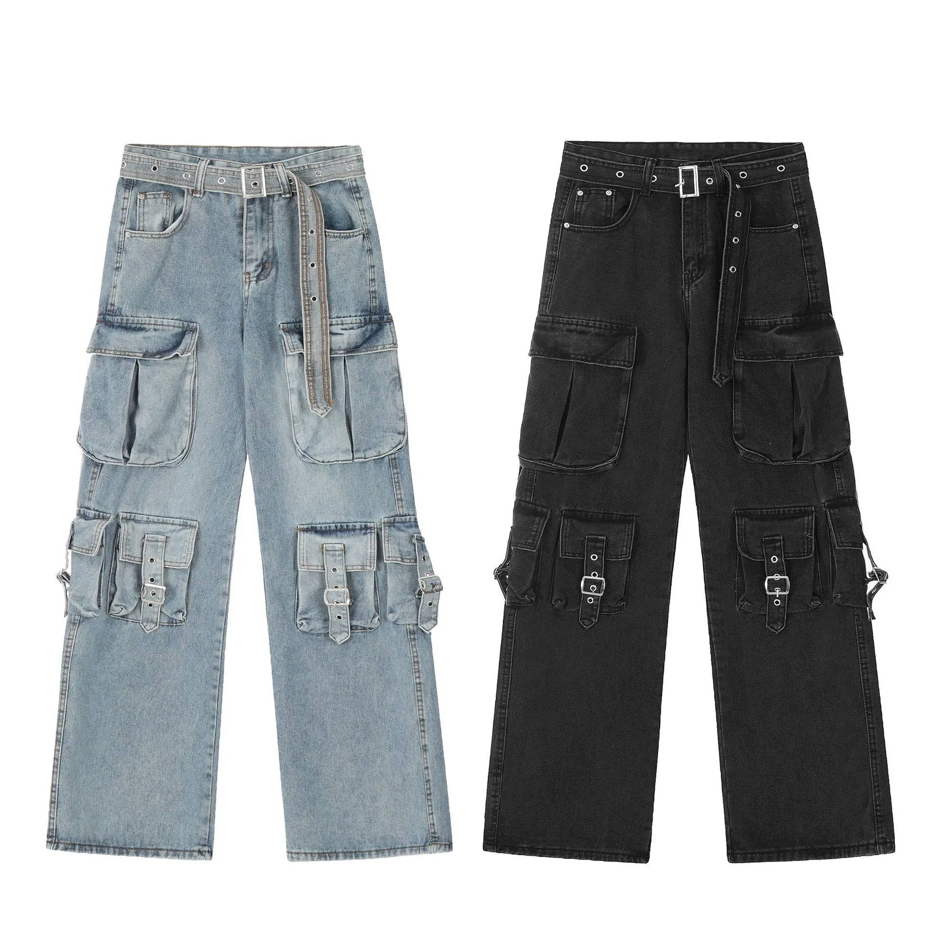Jiayiku Fashion Brand Chic  Retro Multi-pocket Design Tooling Jeans Straight Loose Wide-leg Mop Pants display picture 2