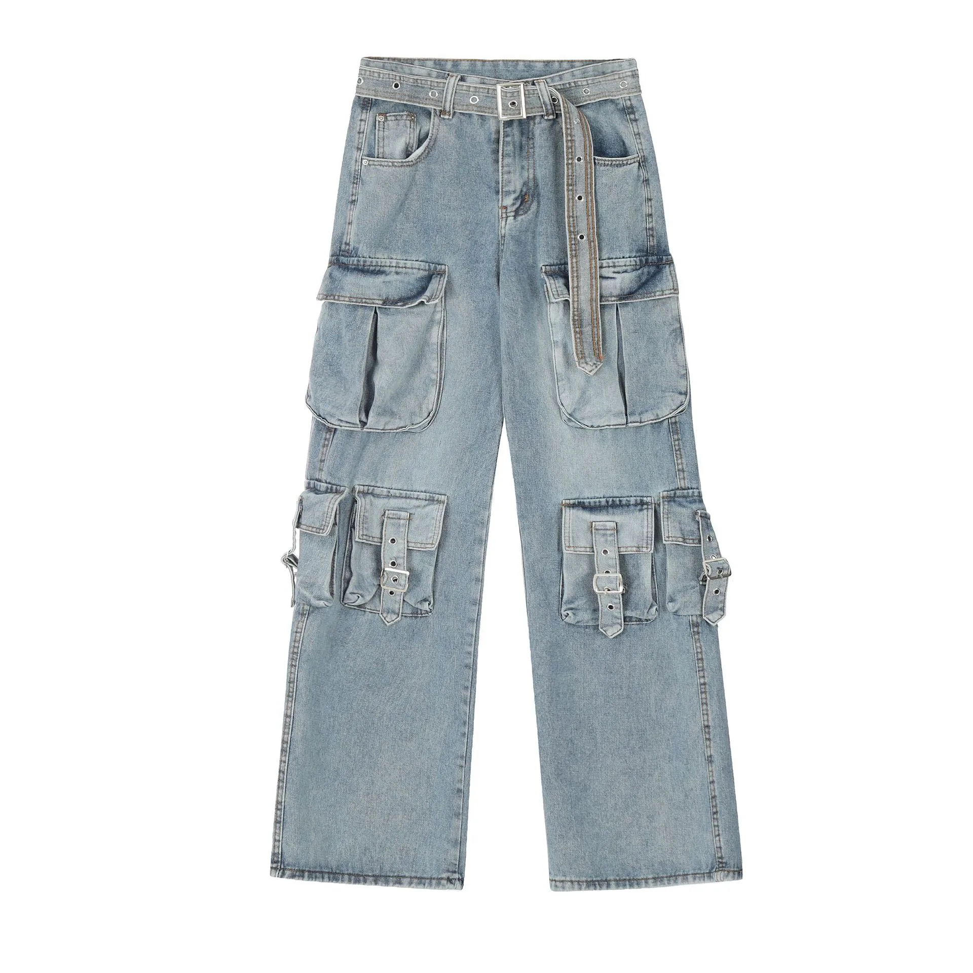 Jiayiku Fashion Brand Chic  Retro Multi-pocket Design Tooling Jeans Straight Loose Wide-leg Mop Pants display picture 3