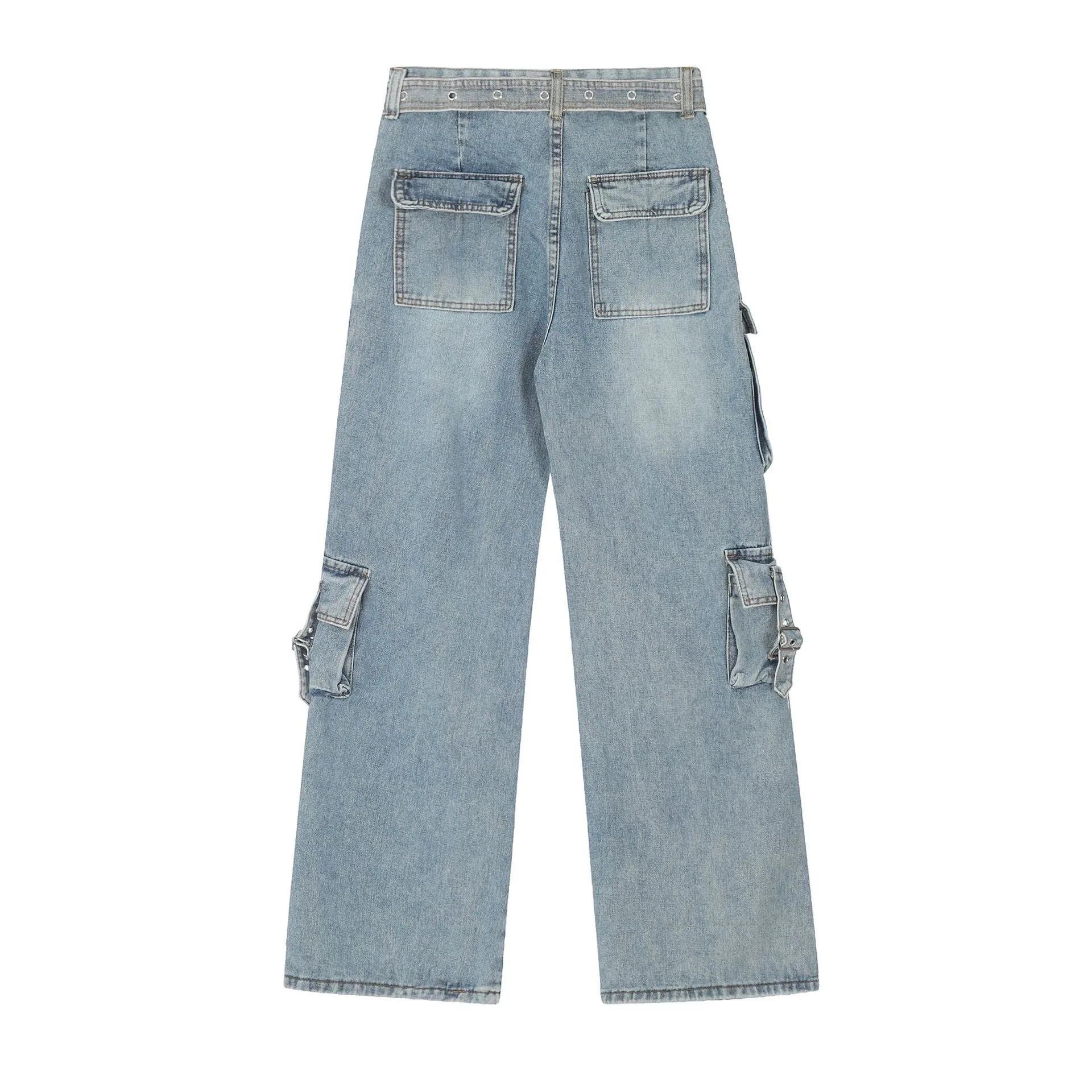 Jiayiku Fashion Brand Chic  Retro Multi-pocket Design Tooling Jeans Straight Loose Wide-leg Mop Pants display picture 4