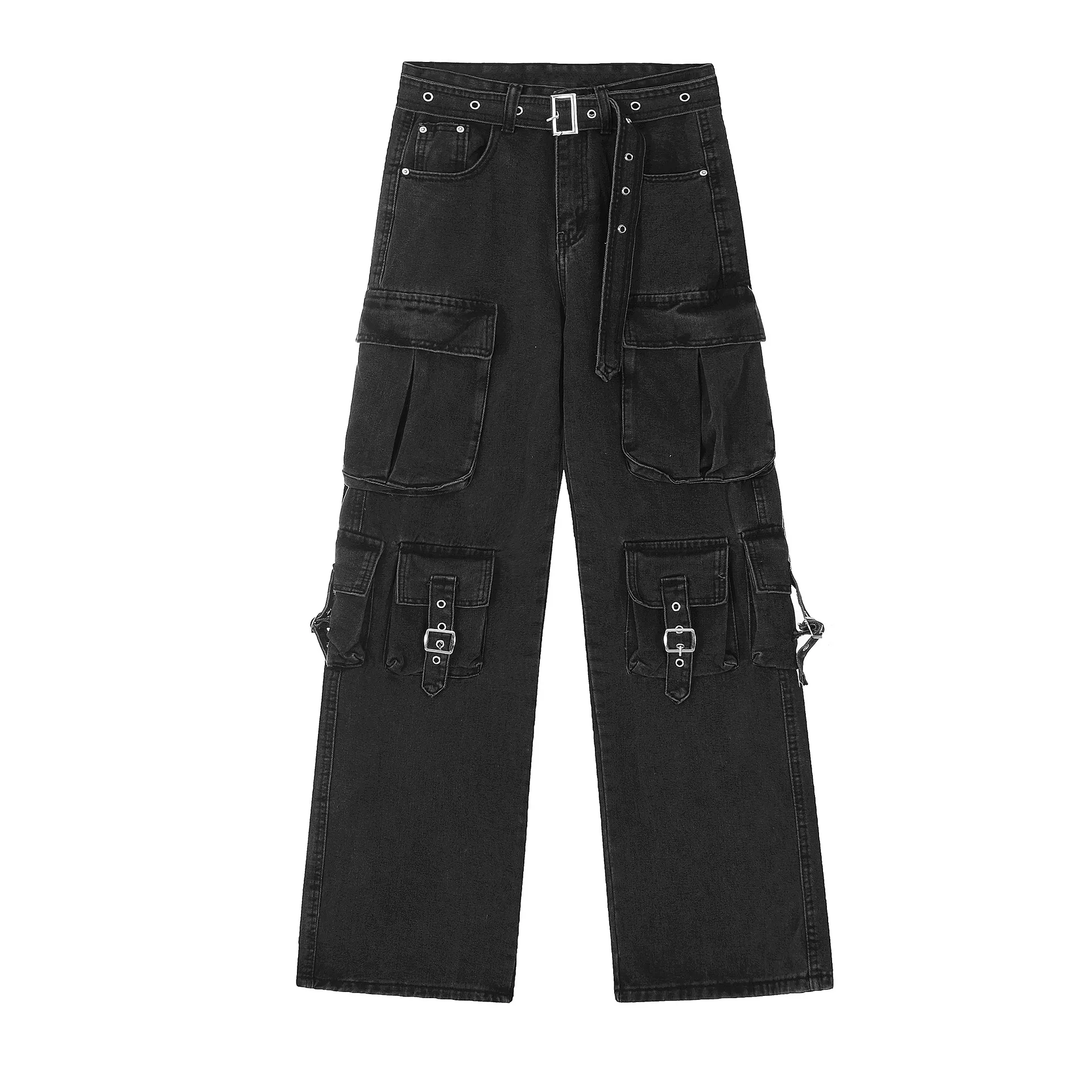 Jiayiku Fashion Brand Chic  Retro Multi-pocket Design Tooling Jeans Straight Loose Wide-leg Mop Pants display picture 5