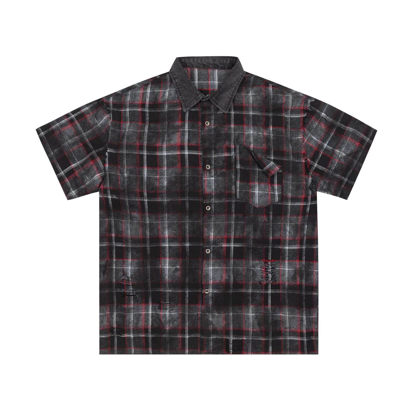 Jiayiku Men's  Vintage New Style Trendy Loose Shirt Plaid Tie-dyed Denim Stitching Casual Short-sleeved Shirt display picture 2