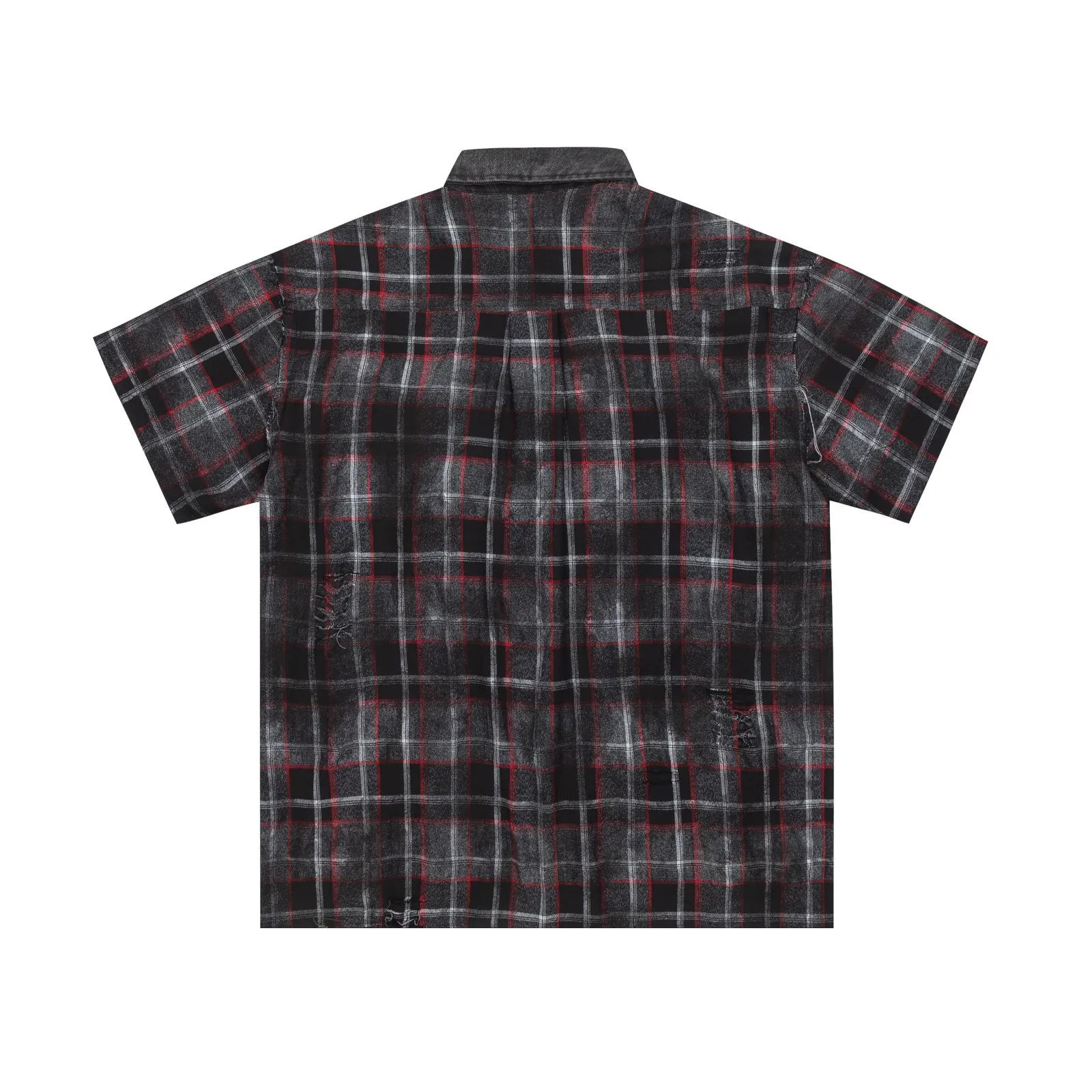 Jiayiku Men's  Vintage New Style Trendy Loose Shirt Plaid Tie-dyed Denim Stitching Casual Short-sleeved Shirt display picture 3