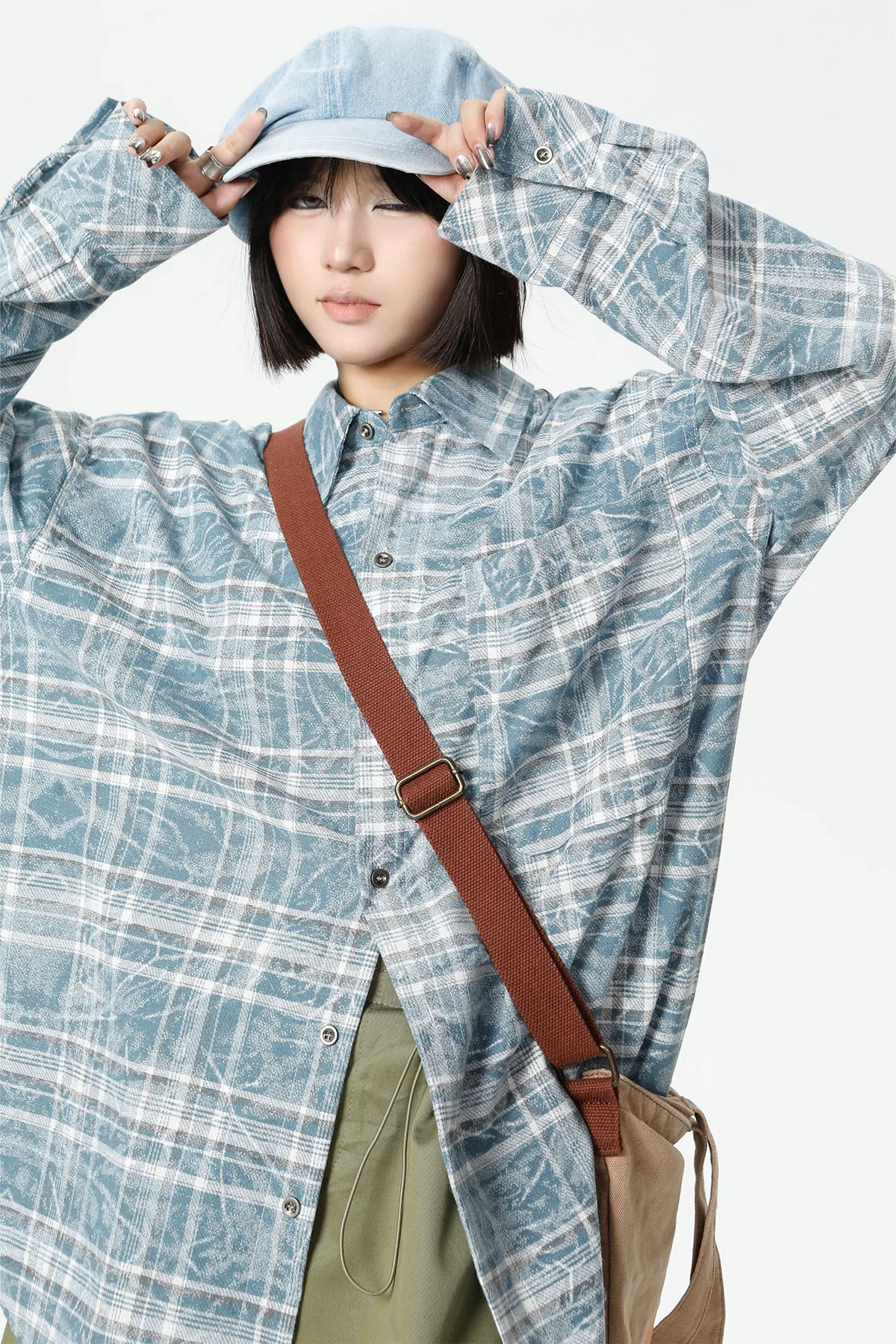 Jiayiku Fashion Brand Chic American Retro Washed Tie-dyed Distressed Plaid Long Sleeve Shirt New Loose Top For Men And Women display picture 3
