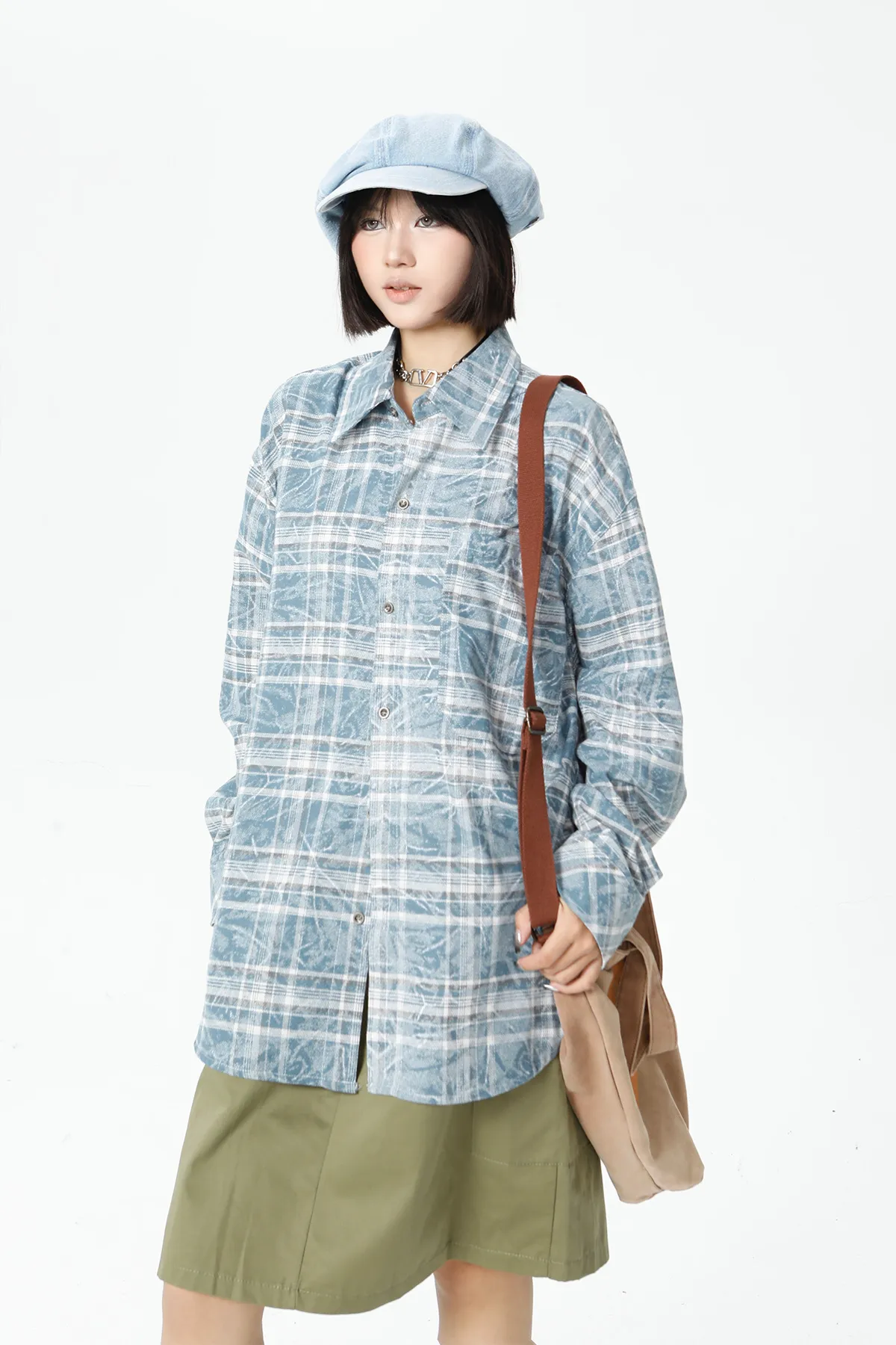 Jiayiku Fashion Brand Chic American Retro Washed Tie-dyed Distressed Plaid Long Sleeve Shirt New Loose Top For Men And Women display picture 4