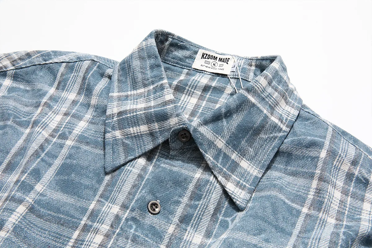 Jiayiku Fashion Brand Chic American Retro Washed Tie-dyed Distressed Plaid Long Sleeve Shirt New Loose Top For Men And Women display picture 7