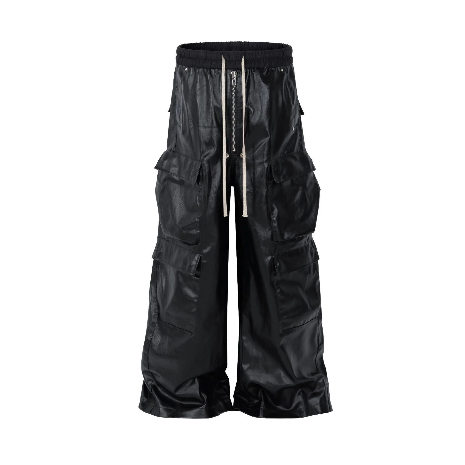 Jiayiku Fashion Brand Chic American Street RO Style Overalls Men's Faux Leather Layer Three-dimensional Pocket Wide Leg Flared Pants display picture 3