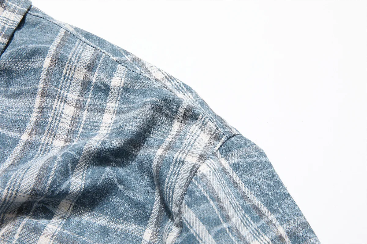 Jiayiku Fashion Brand Chic American Retro Washed Tie-dyed Distressed Plaid Long Sleeve Shirt New Loose Top For Men And Women display picture 8